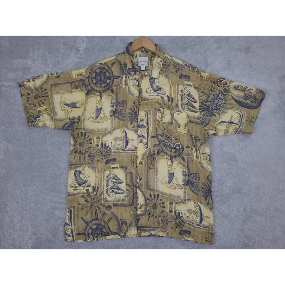 Tommy Bahama Relax Shirt Men's Medium Silk Gold Blue Tiki Dugout Canoe Hawaiian